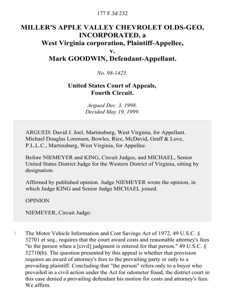 Miller's Apple Valley Chevrolet OldsGeo, Incorporated, A West Virginia