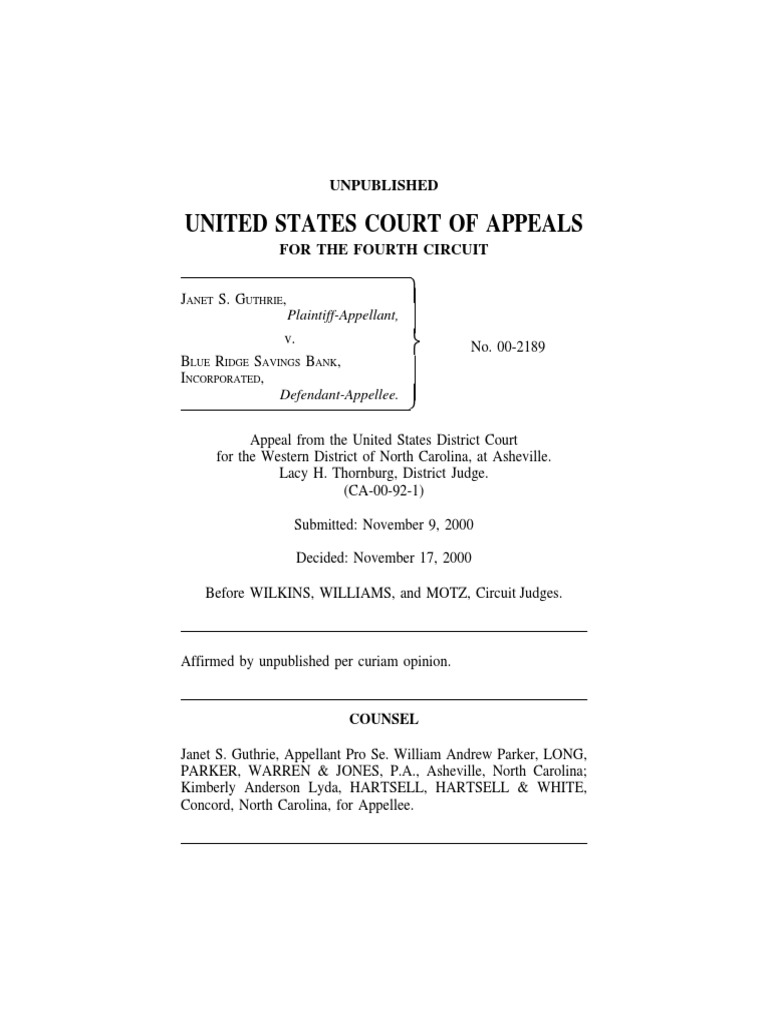 Guthrie v. Blue Ridge Savings, 4th Cir. (2000) PDF Equal Employment
