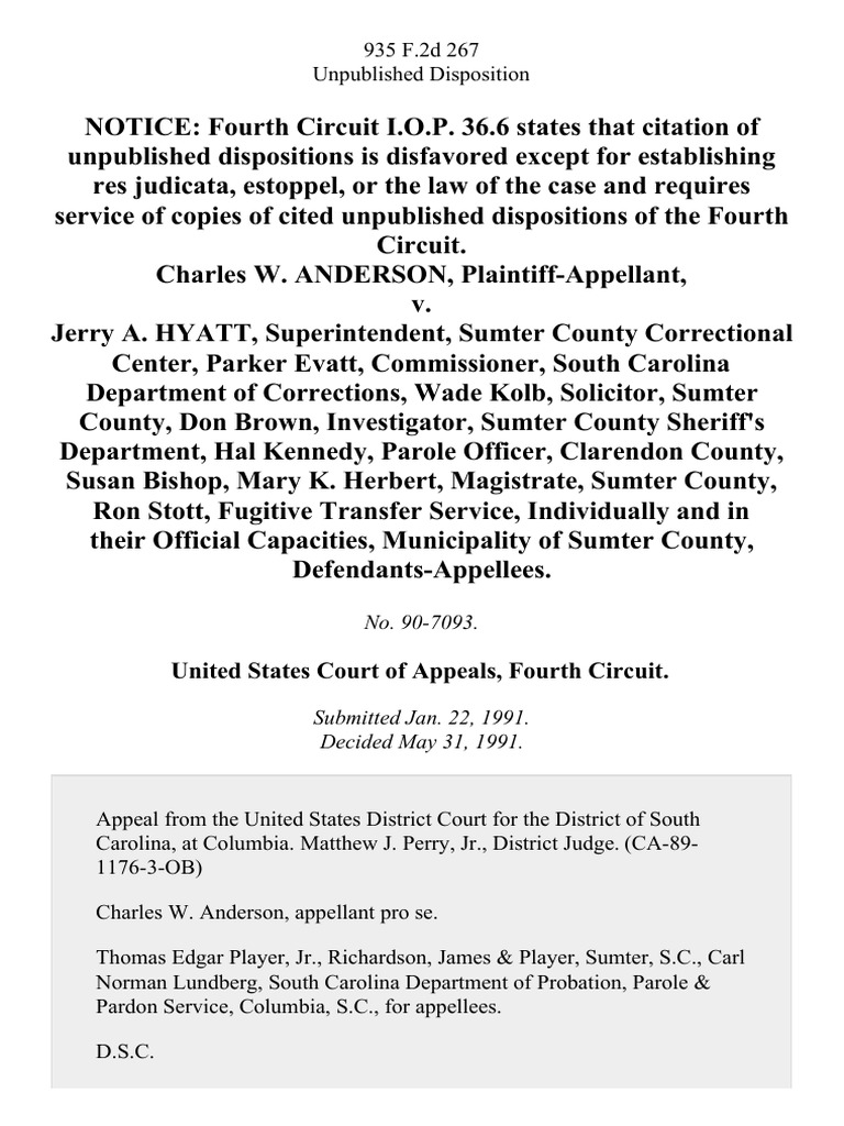 Charles W Anderson v Jerry A Hyatt Superintendent Sumter County