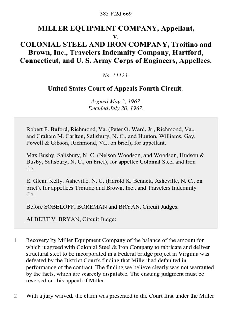 Miller Equipment Company v. Colonial Steel and Iron Company, Troitino