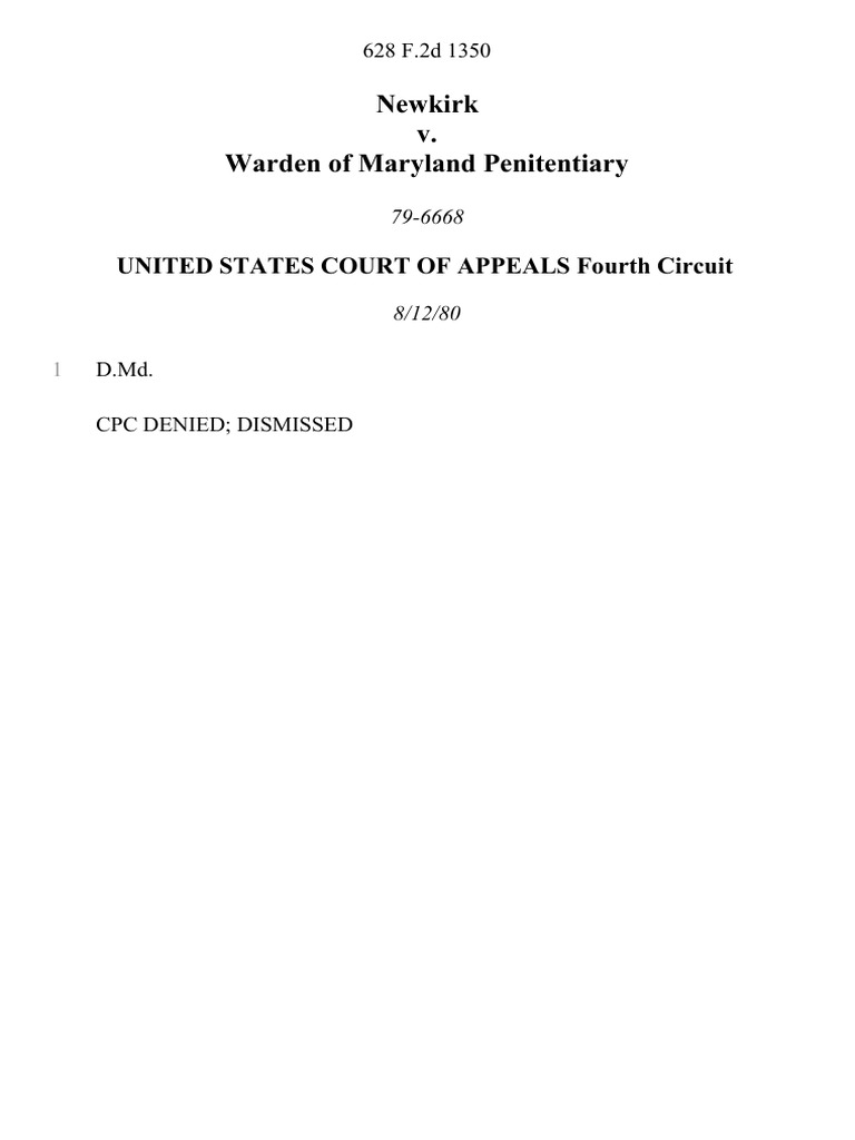 Newkirk v. Warden of Maryland Penitentiary, 628 F.2d 1350, 4th Cir. (1980) PDF Lawsuit