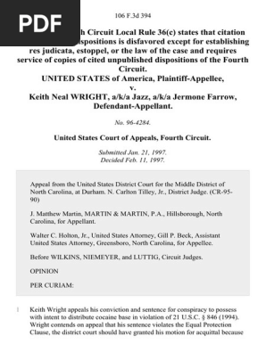 United States V Keith Neal Wright A K A Jazz A K A Jermone Farrow 106 F 3d 394 4th Cir 1997 Burden Of Proof Law Witness