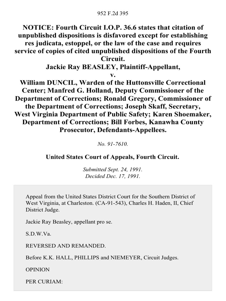 Jackie Ray Beasley v. William Duncil, Warden of the Huttonsville Correctional Center Manfred G