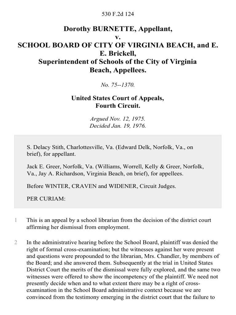 Dorothy Burnette V School Board Of City Of Virginia Beach And E E