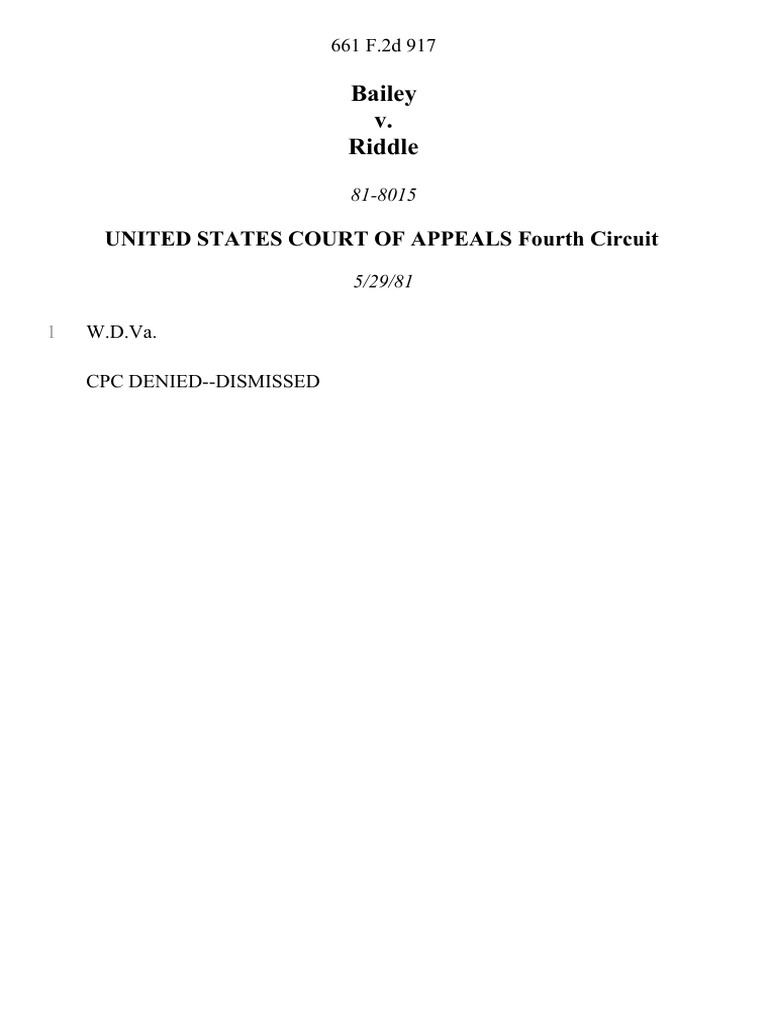 Bailey v. Riddle, 661 F.2d 917, 4th Cir. (1981) | PDF