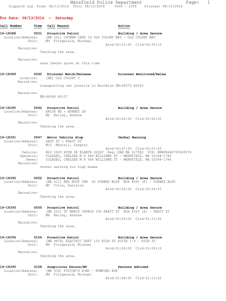 Mansfield Police Dispatch Log 08/13/2016 | PDF | Automotive Industry ...