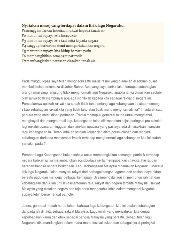 Nyatakan Mesej Yang Terdapat Dalam Lirik Lagu Negaraku Pdf