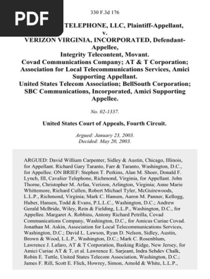 Cavalier Telephone, LLC v. Verizon Virginia, Inc., 330 F.3d 176, 4th Cir. (2003)
