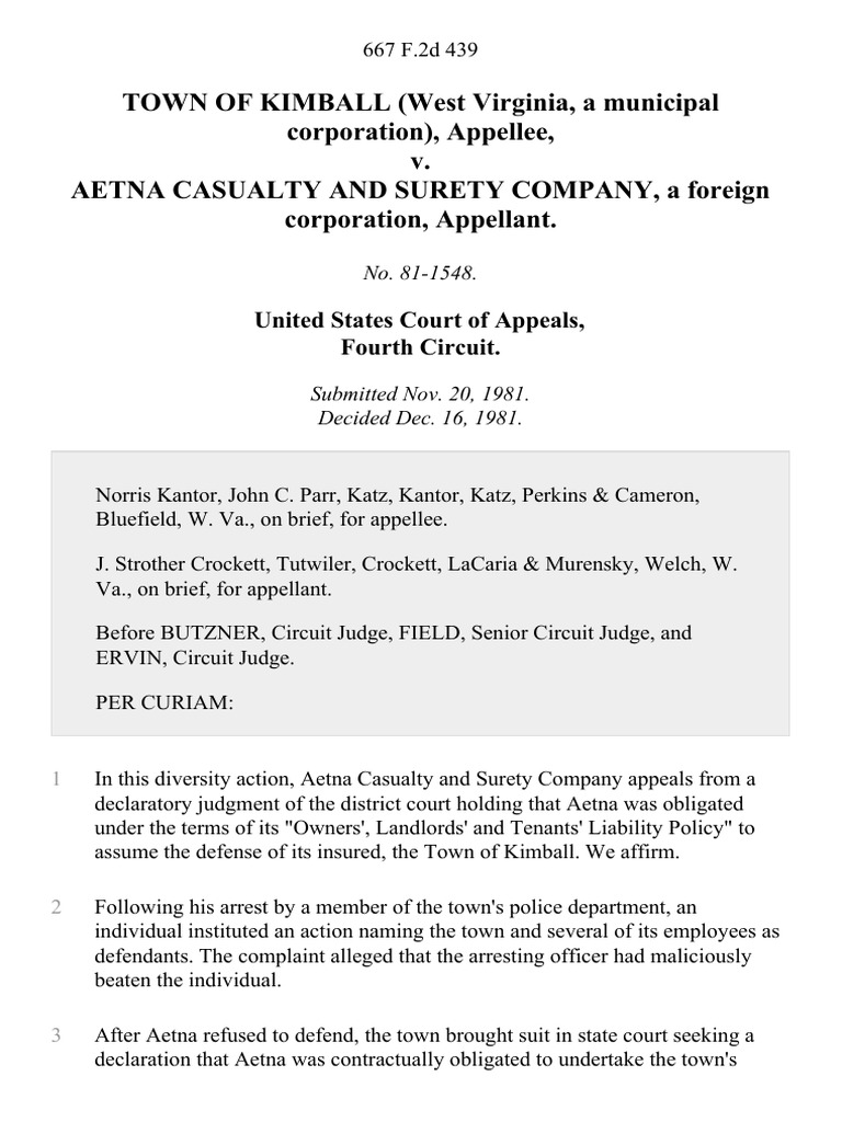 Town of Kimball (West Virginia, A Municipal Corporation) v. Aetna