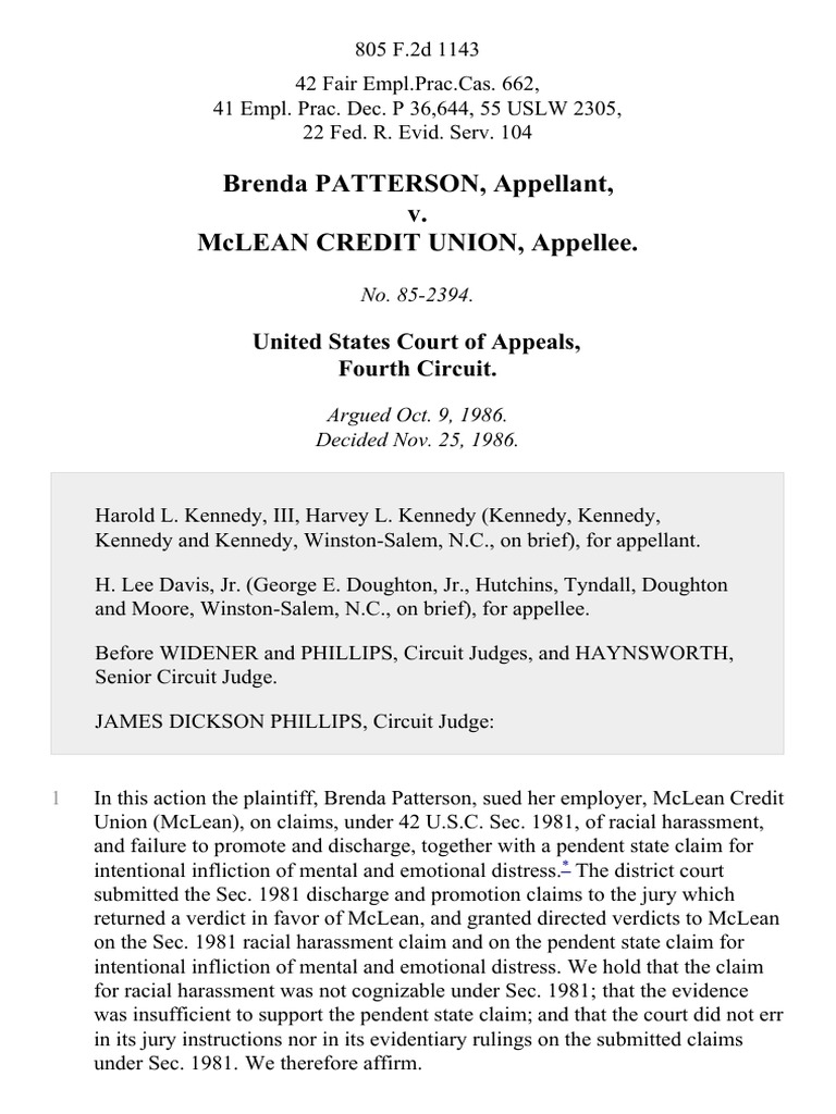 Brenda Patterson v. McLean Credit Union, 805 F.2d 1143, 4th Cir. (1986) Civil Rights Act Of