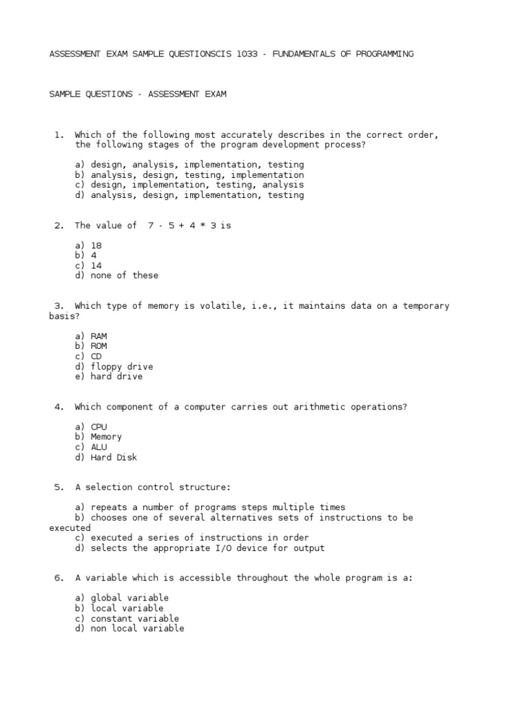ASSESSMENT EXAM SAMPLE QUESTIONS | C (Programming Language) | Computer ...