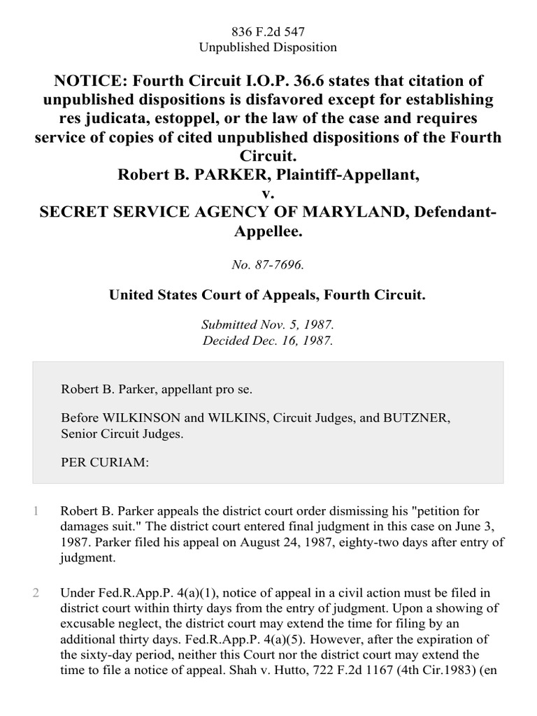 Robert b parker v secret service agency of maryland 836 f 2d 547