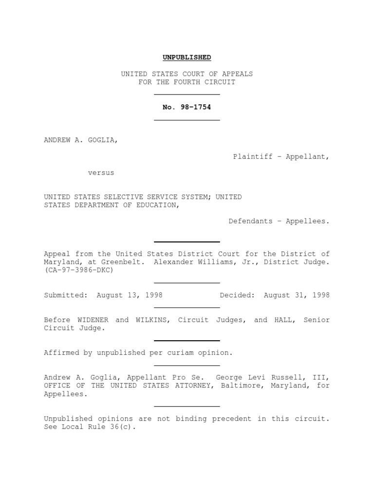 Goglia v. US Selective Service, 4th Cir. (1998) | PDF | Politics ...