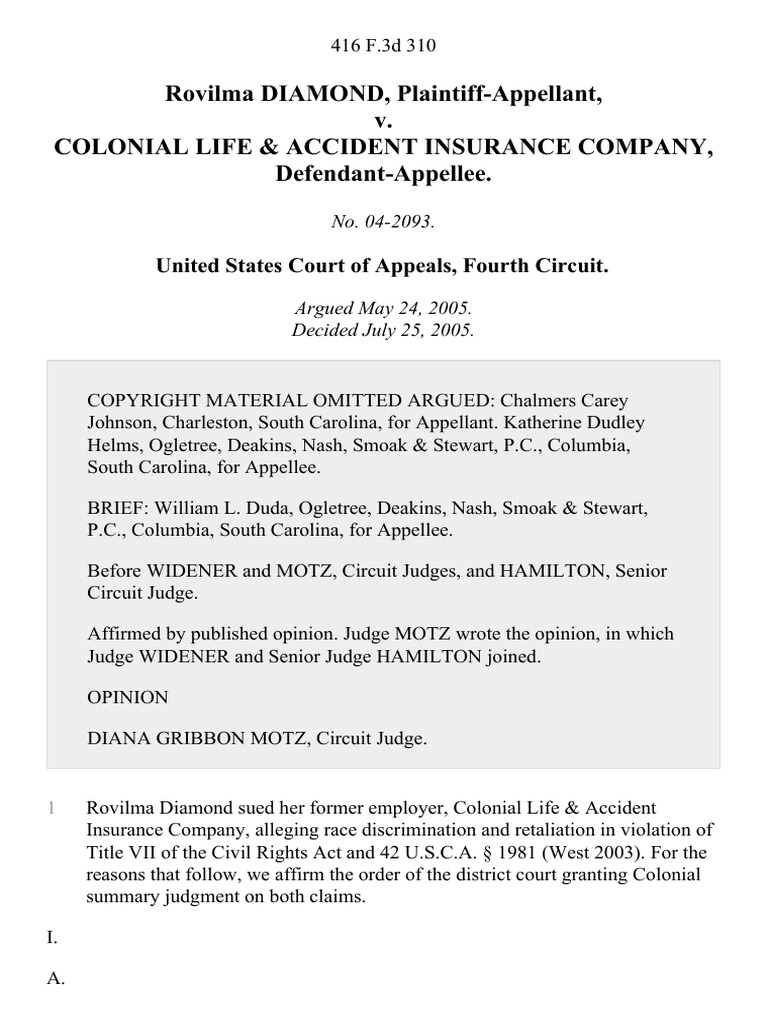 Rovilma Diamond v. Colonial Life & Accident Insurance Company, 416 F.3d