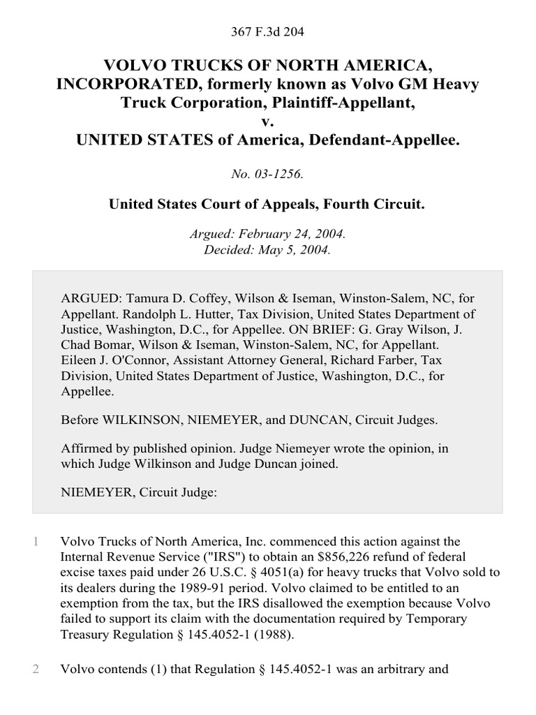 Volvo Trucks Of North America Incorporated Formerly Known As Volvo Gm Heavy Truck Corporation V United States 367 F 3d 4 4th Cir 04 Internal Revenue Service Estoppel