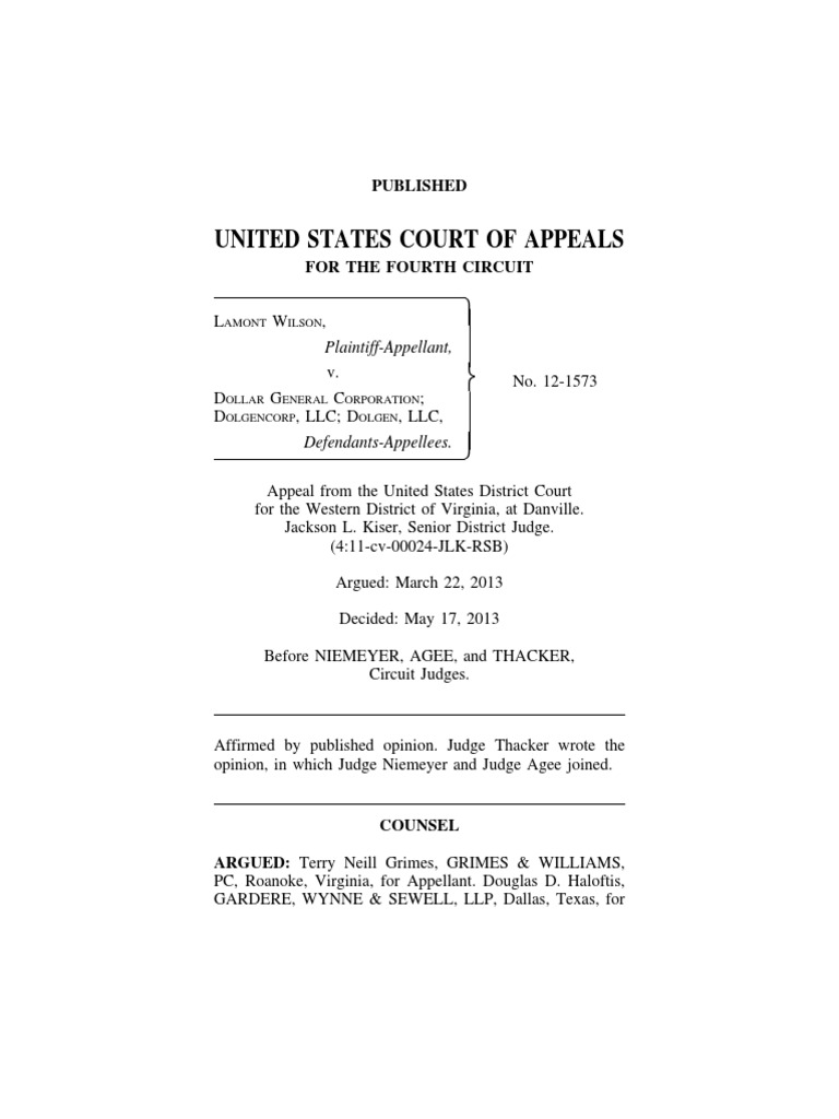 Lamont Wilson v. Dollar General Corporation, 4th Cir. (2013) PDF