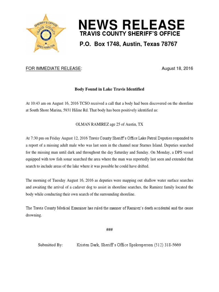 8.18.16 Body Found in Lake Travis Identified | PDF