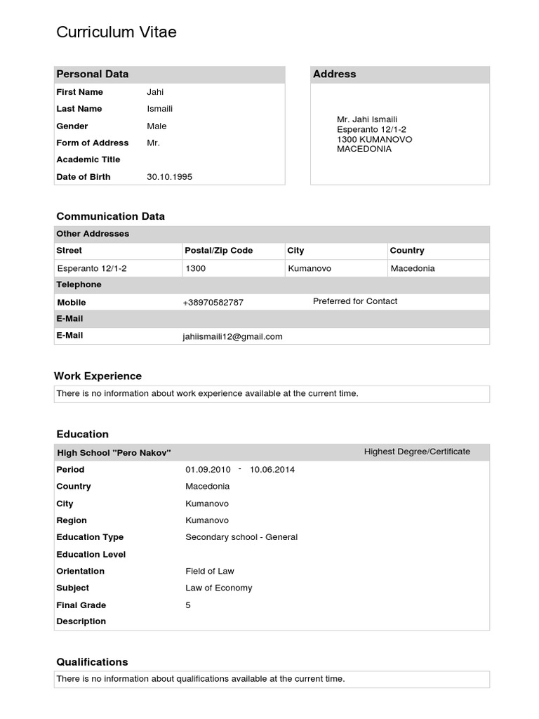 Curriculum Vitae: Personal Data Address | PDF
