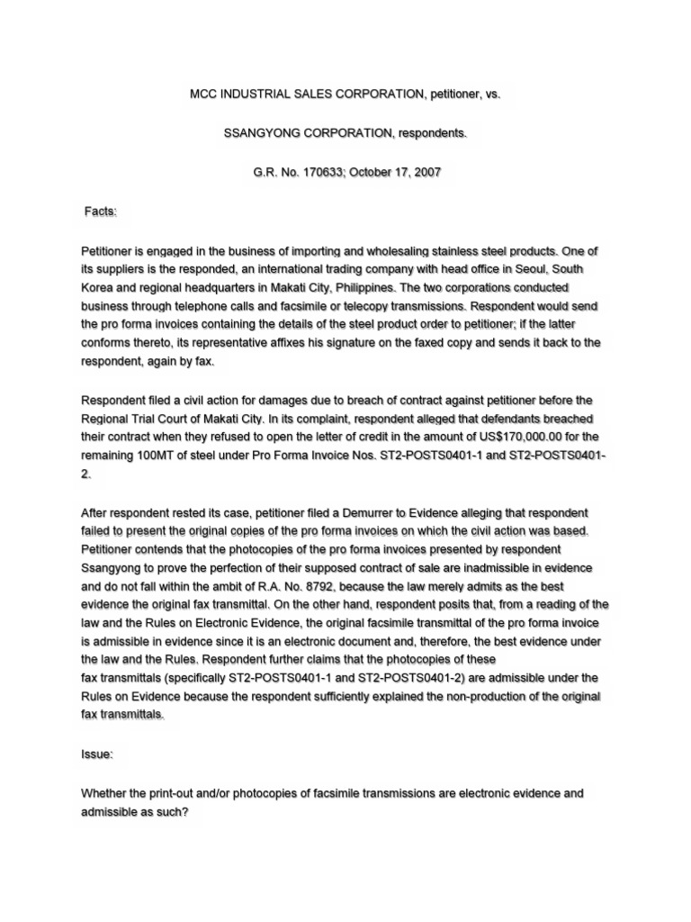 Admissibility of Facsimile Transmissions as Electronic Evidence Under
