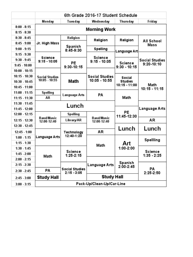 6th Grade Weekly Class Schedule | PDF | Foreign Language Studies | Art