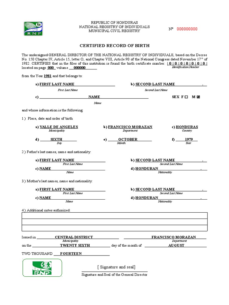 English Translation of A Birth Certificate From Honduras PDF | PDF ...