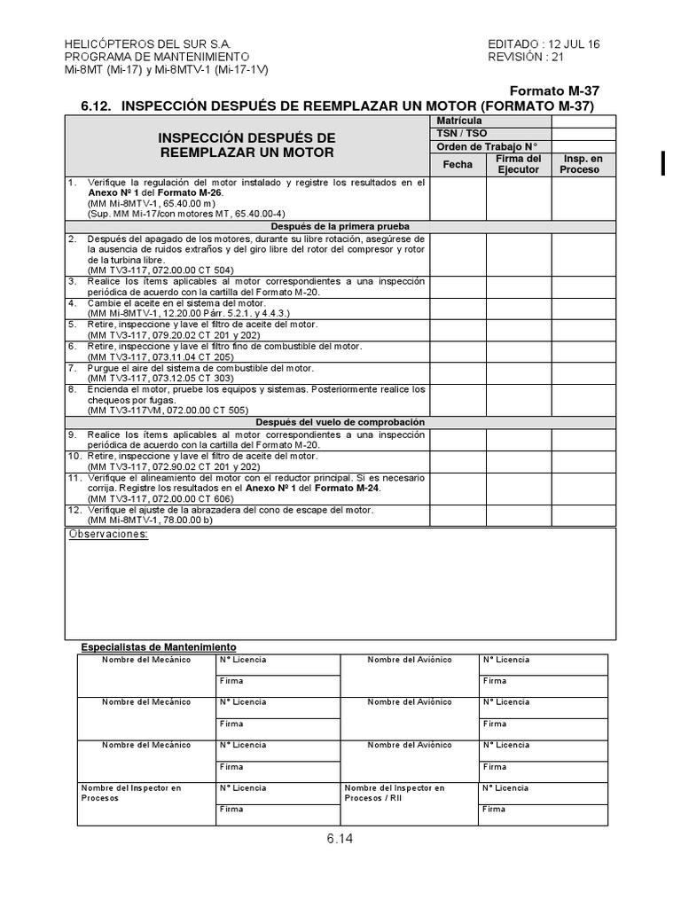 Formato M-37 6.12. Inspección Después de Reemplazar Un Motor (Formato M ...