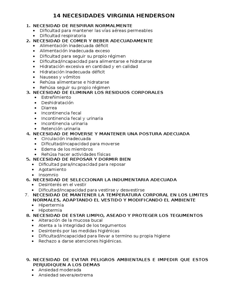 14 Necesidades Virginia Henderson | PDF | Medicina CLINICA ...