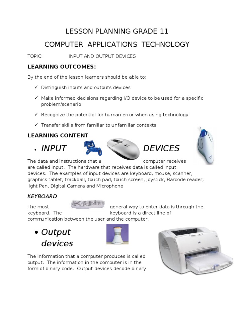 Grade 11 I/O Devices Lesson Plan | PDF