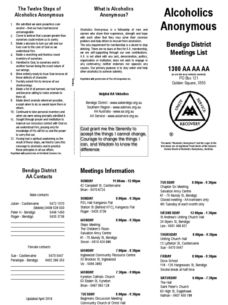 AA Bendigo District meetings list | Alcoholics Anonymous | Religious ...