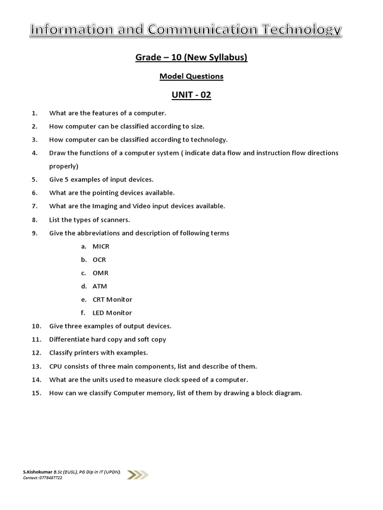 Grade10 ICT Unit 2 New Syllabus model questions.