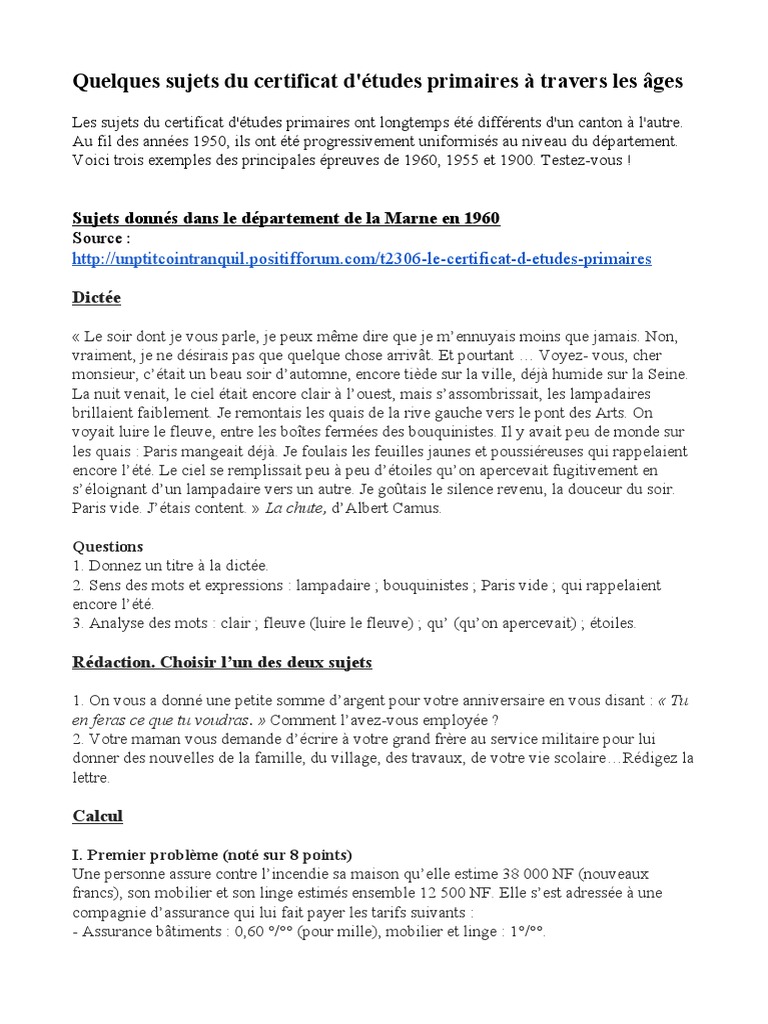 Epreuves Du Certificat D'études