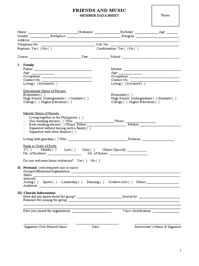 Member Data Sheet for Music Group | PDF
