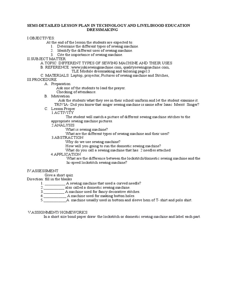 Semi-Detailed Lesson Plan: Sewing Machines | PDF | Sewing | Sewing Machine