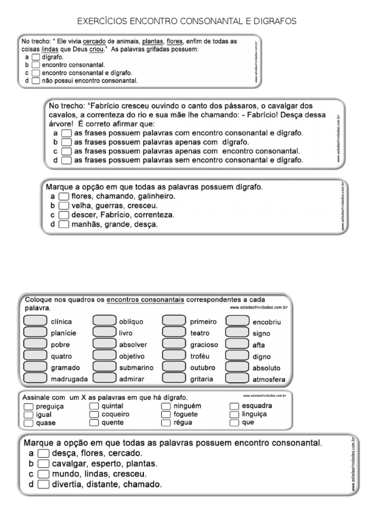 Exercícios Encontro Consonantal e Digrafos | PDF