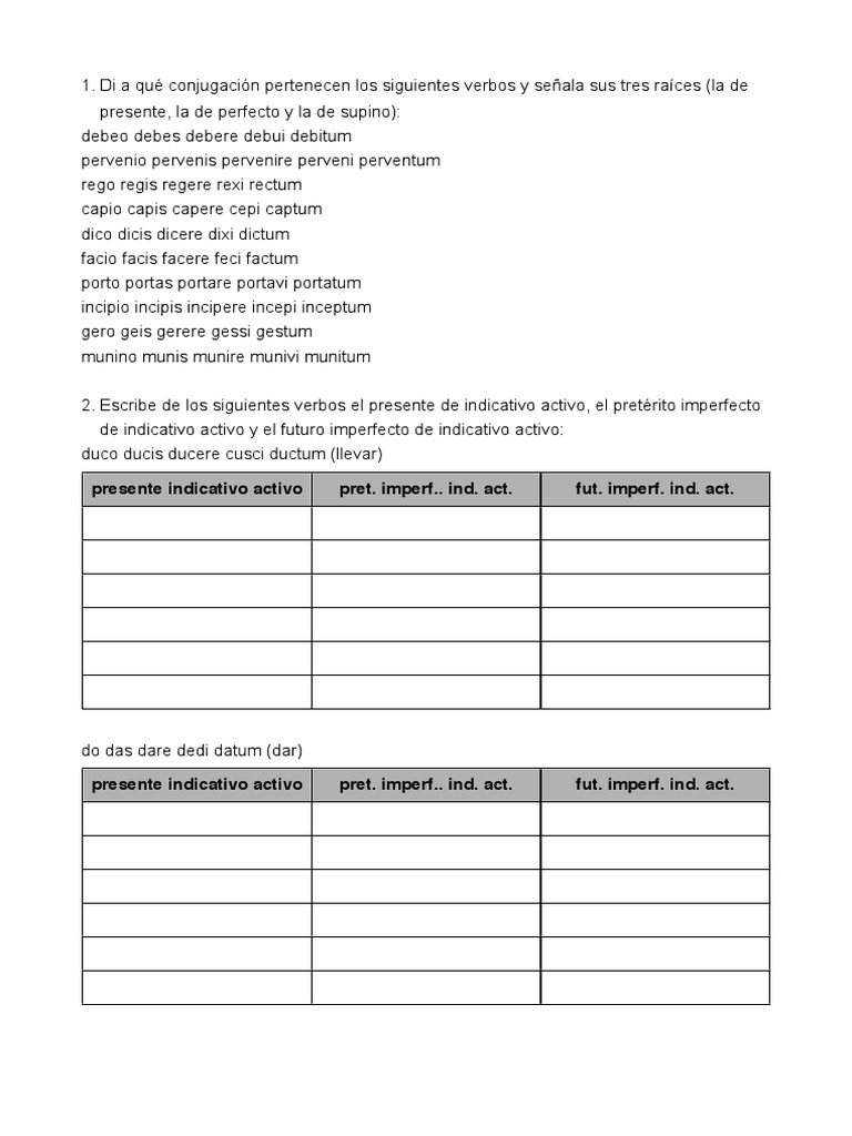 Ejercicios verbos latín Tipología Lingüística Reglas