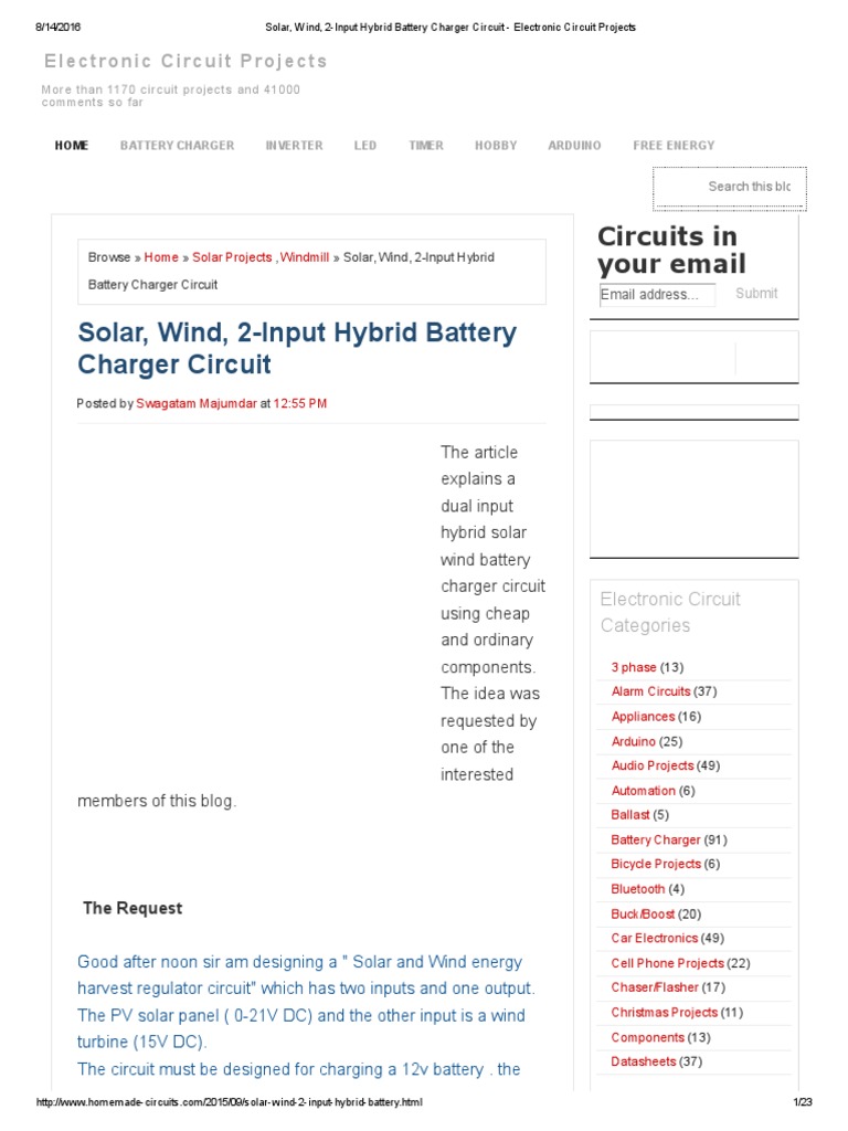 Solar, Wind, 2Input Hybrid Battery Charger Circuit Electronic