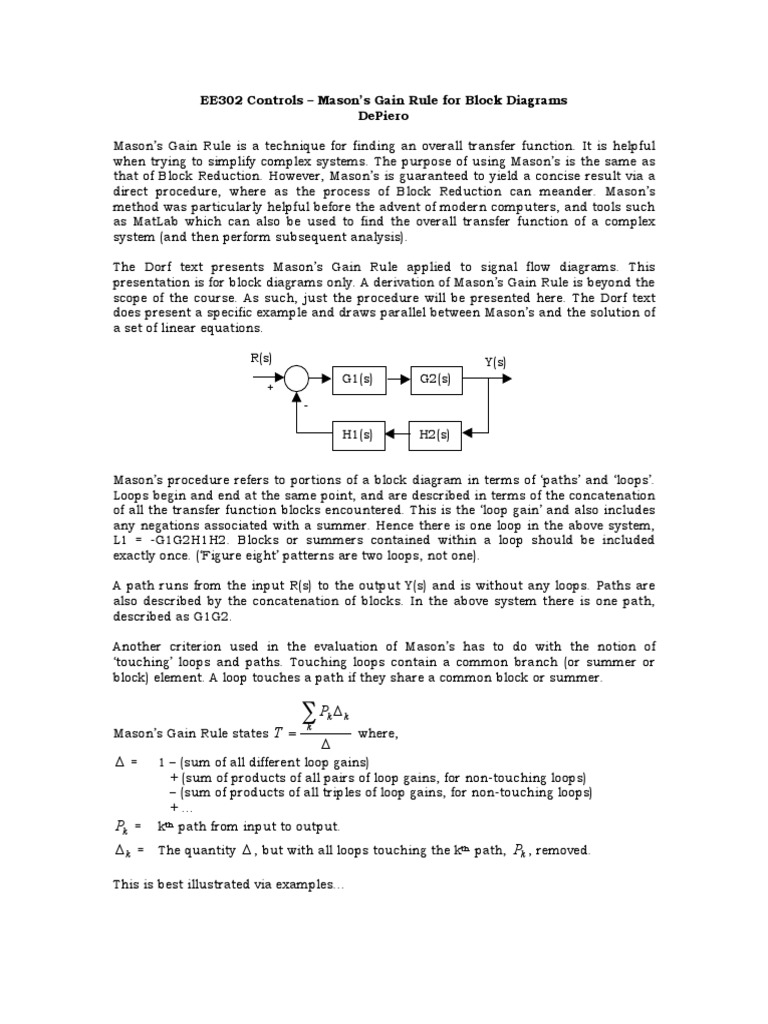 EE302 Masons Gain Rule Blocks Systems Theory Mathematical Analysis