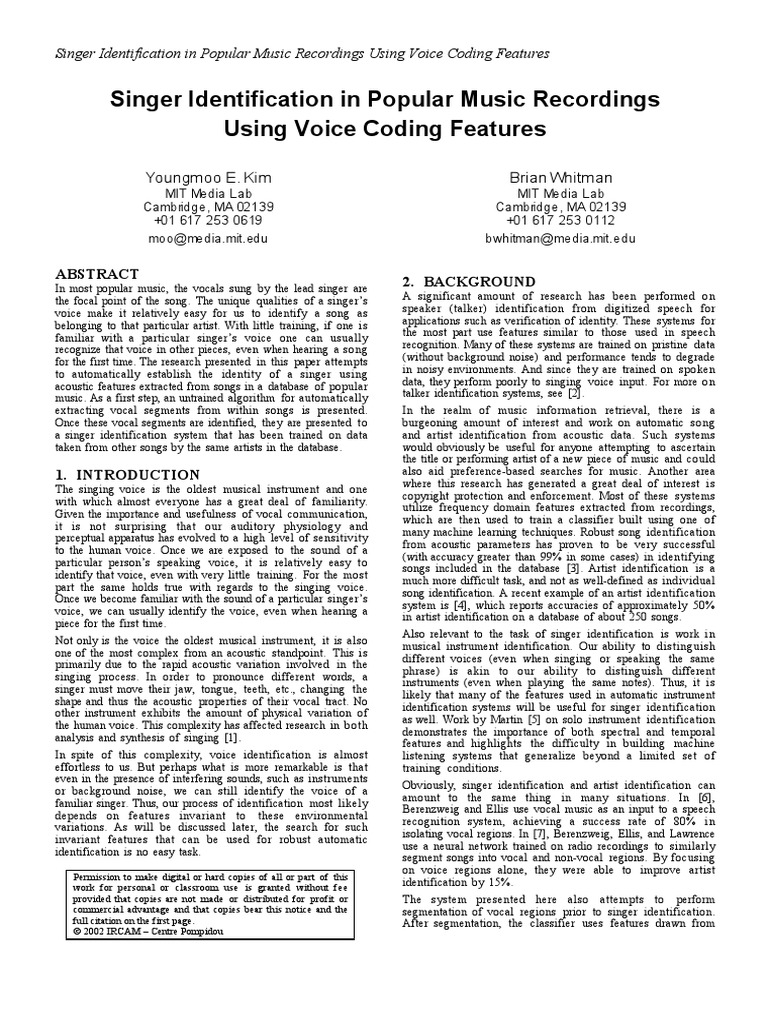 Singer Identification in Popular Music Recordings Using Voice Coding ...