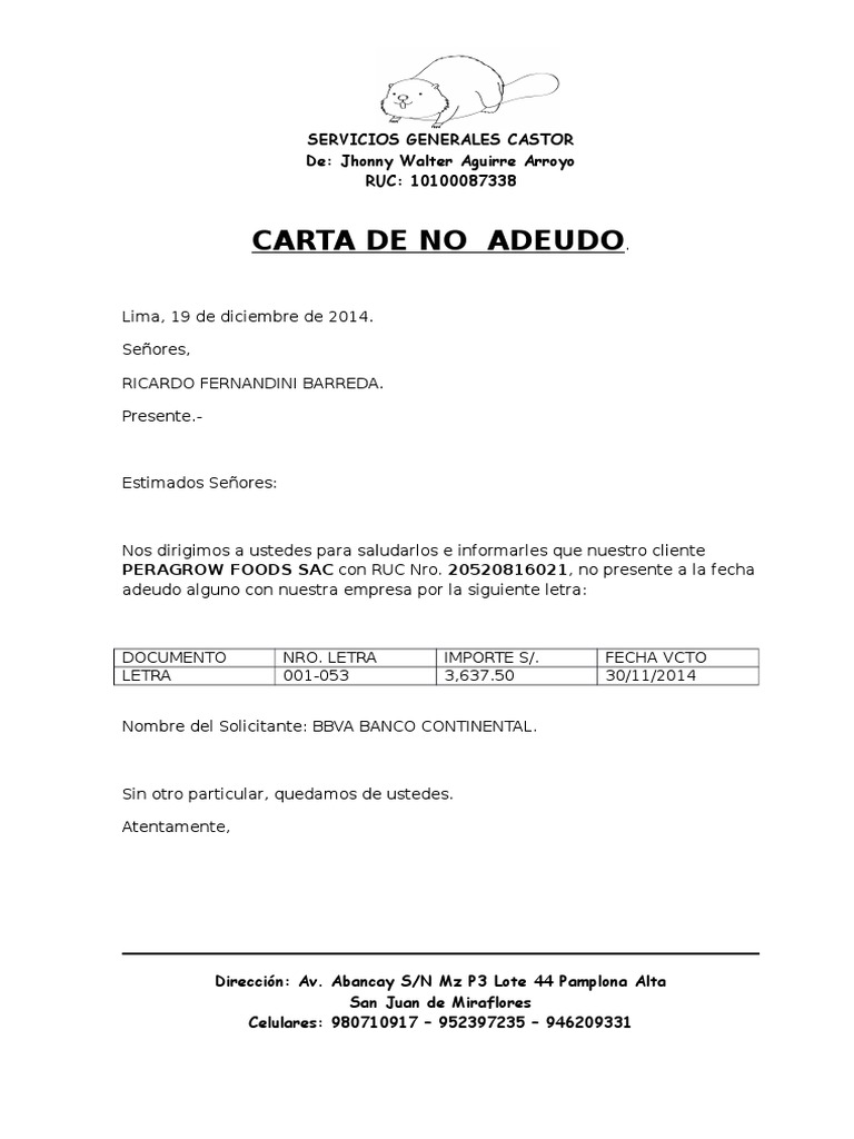 Carta de No Adeudo para BBVA | PDF