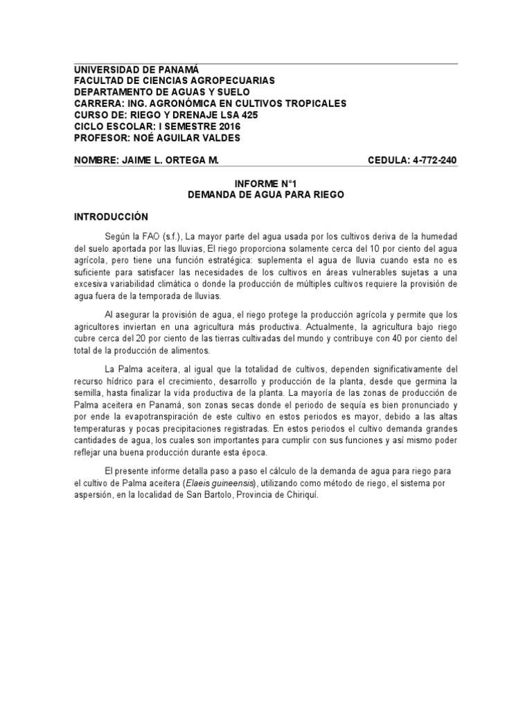 Informe N°1 - Calculo de Demanda de Agua para Riego | PDF ...