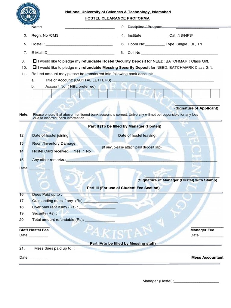 Hostel Security Deposit Refund Form | PDF