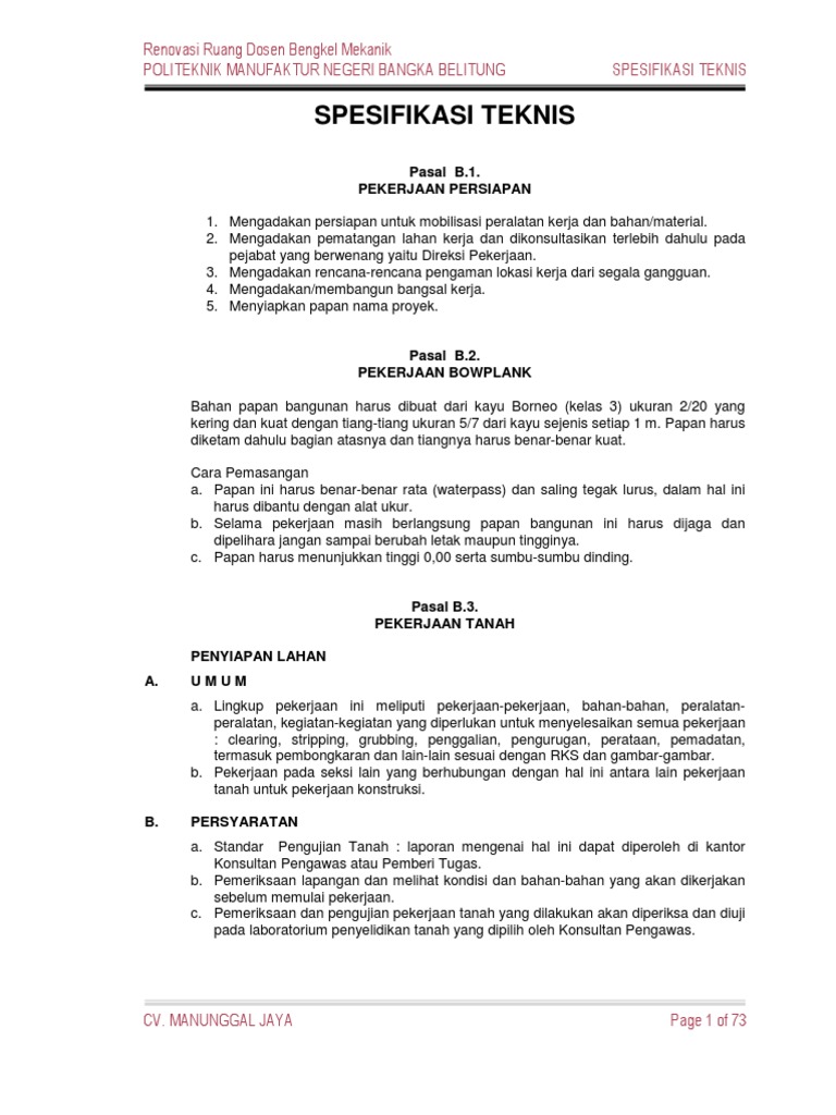Spesifikasi Teknis Pekerjaan Konstruksi (Rehab) | PDF