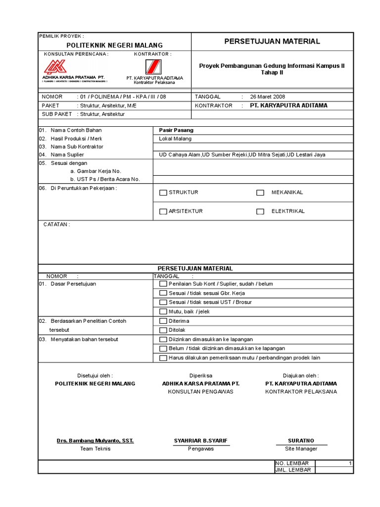Contoh Form Persetujuan Material Proyek | PDF | Teknologi & Rekayasa