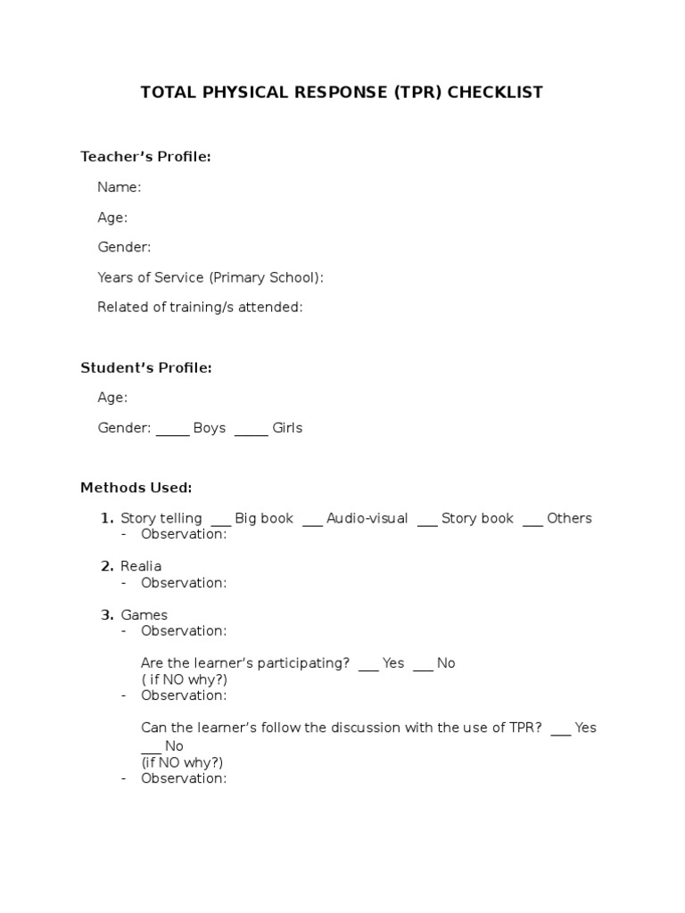 TPR Checklist for Teacher and Student Evaluation | PDF