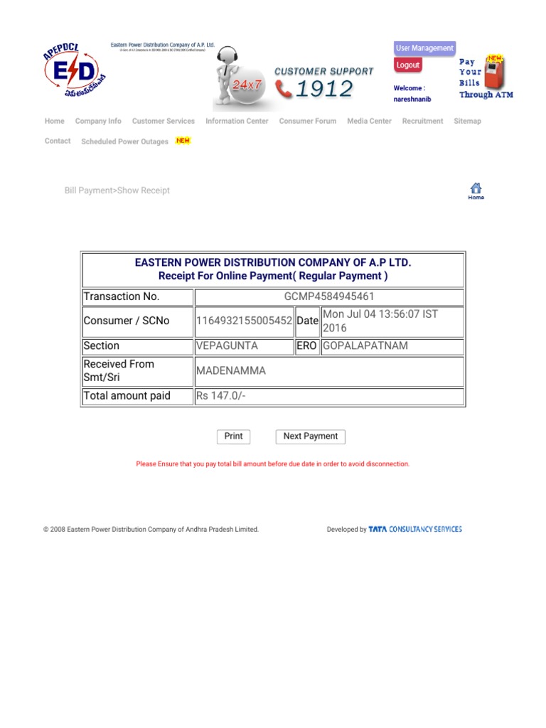 Eastern Power Distribution Company of A.P Ltd. Receipt For Online