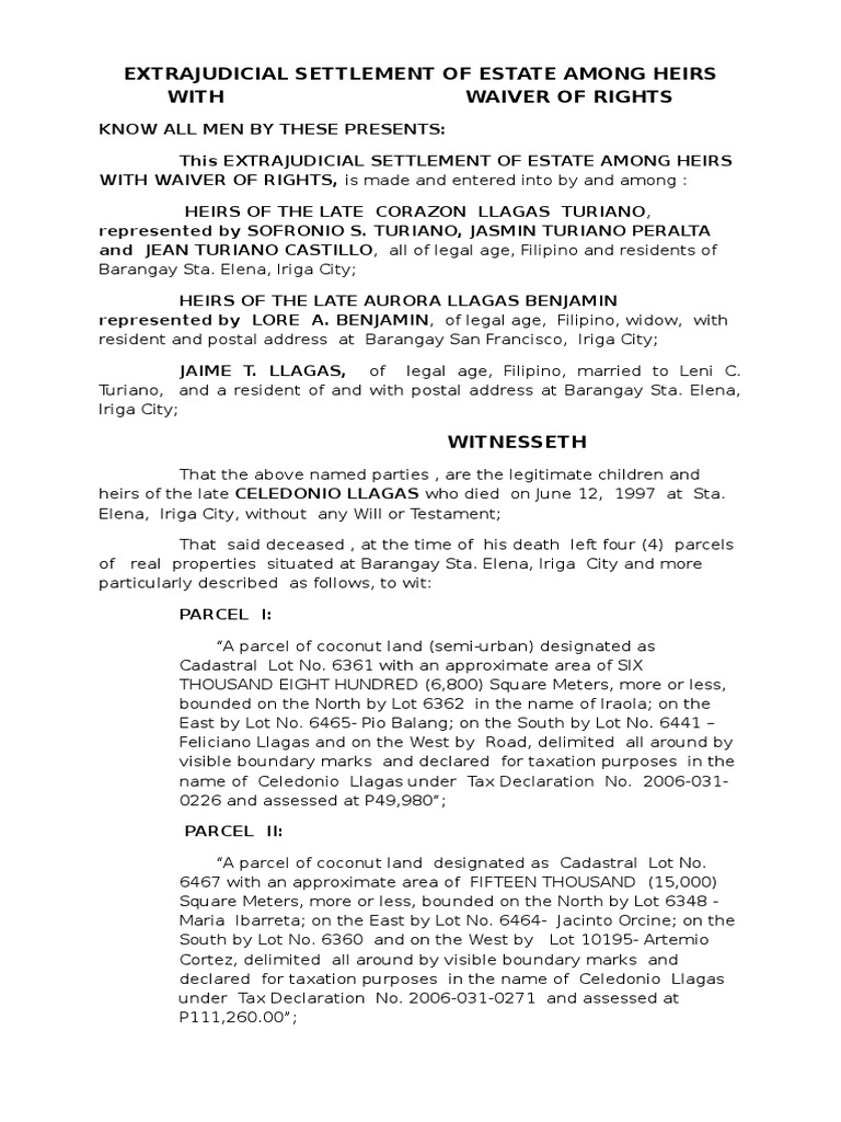 Extrajudicial Settlement of Estate Among Heirs With Waiver of Rights