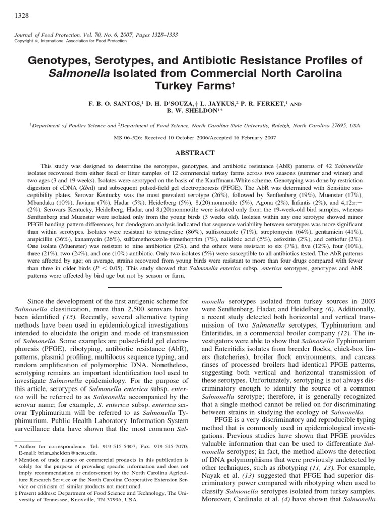 Genotypes Serotypes and Antibiotic Resistance of Salmonella NC Turkey ...