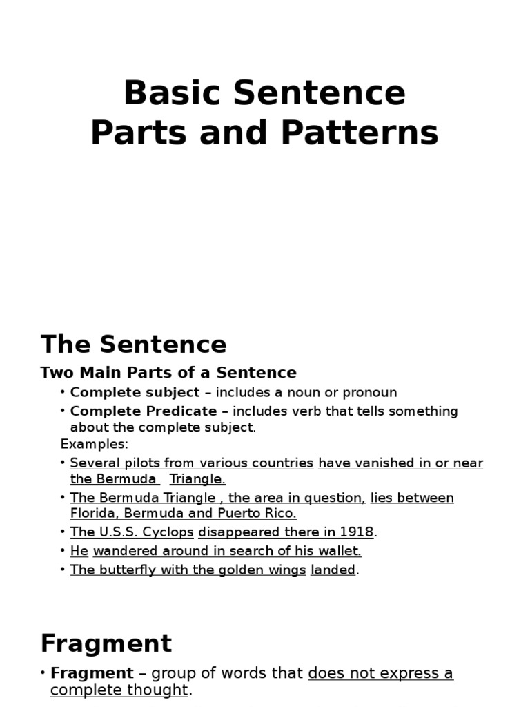 Basic Sentence Parts Worksheets