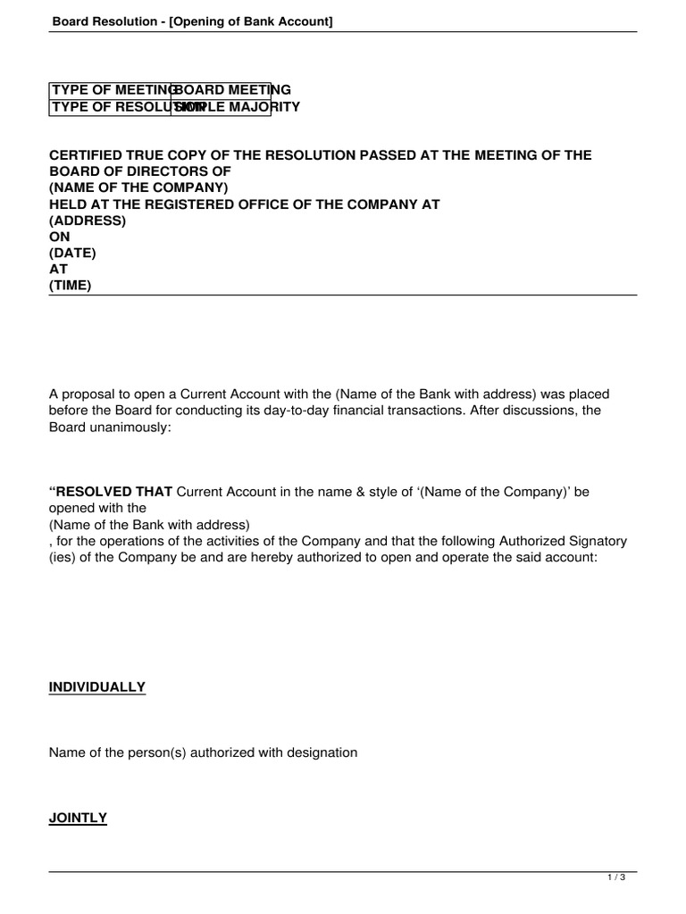 Board Resolution for Bank Account Opening | PDF | Board Of Directors ...