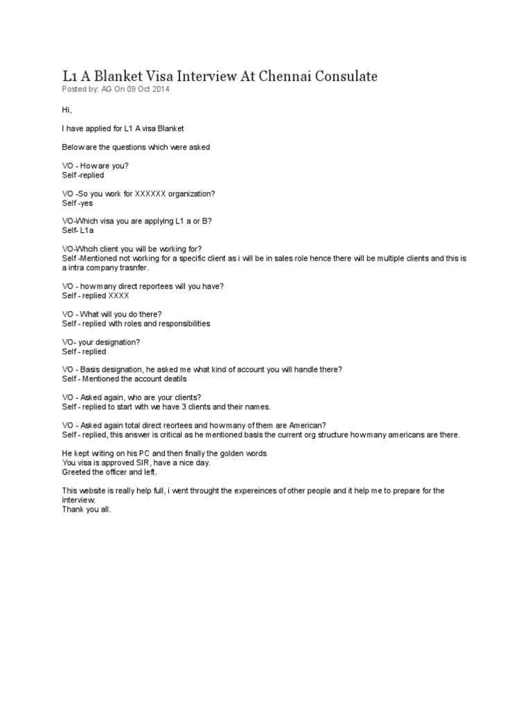 L1 Visa Interview Experiences PDF Travel Visa Business